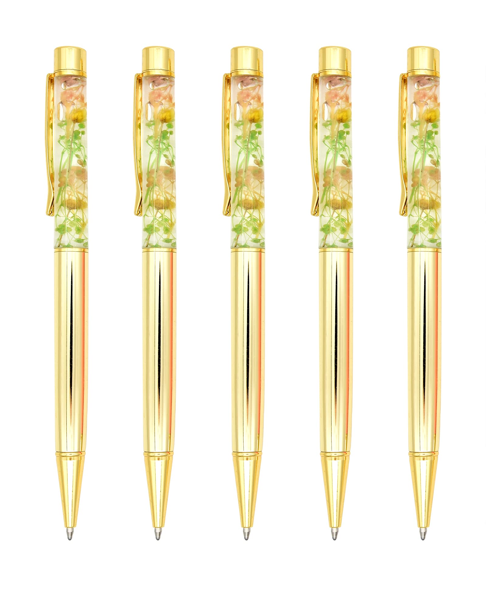 Gullor 5 Pieces Liquid Floral Ballpoint Pens for Gift, Fancy Metal Unique Flower Set for Desk Accessories, Gold