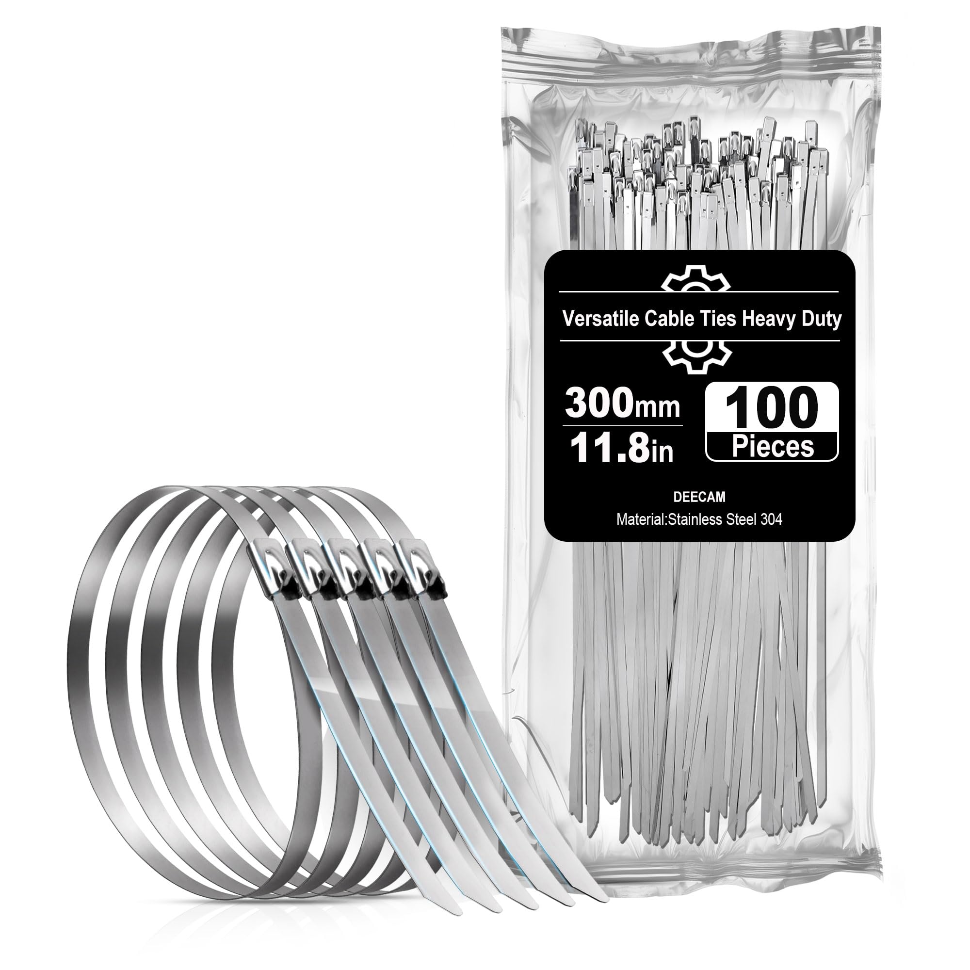 Stainless Steel Cable Ties, Deecam 100 Pcs 4.6×300mm Metal Cable Tie, 304 Stainless Zip Ties with Steel Ball Stopper, Suitable for Exhaust Wrapping, Binding Tie, Garden Repair and Fixed Fence(100 Pcs)