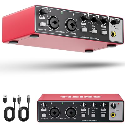 TISINO Audio Interface 24Bit/192kHz, USB Audio Interface for Recording, Songwriting, Streaming and Podcasting, Plug & Play Studio Interface with 48V Phantom Power, PC/Mac/iOS Compatible,RED