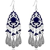 Ricarmo Bohemian Dainty Crystal Teardrop Vintage Sliver Fringe Lightweight Dangle Drop Earrings Ethnic Enamel Flower Tassel Hook Earrings For Women Jewelry Gifts