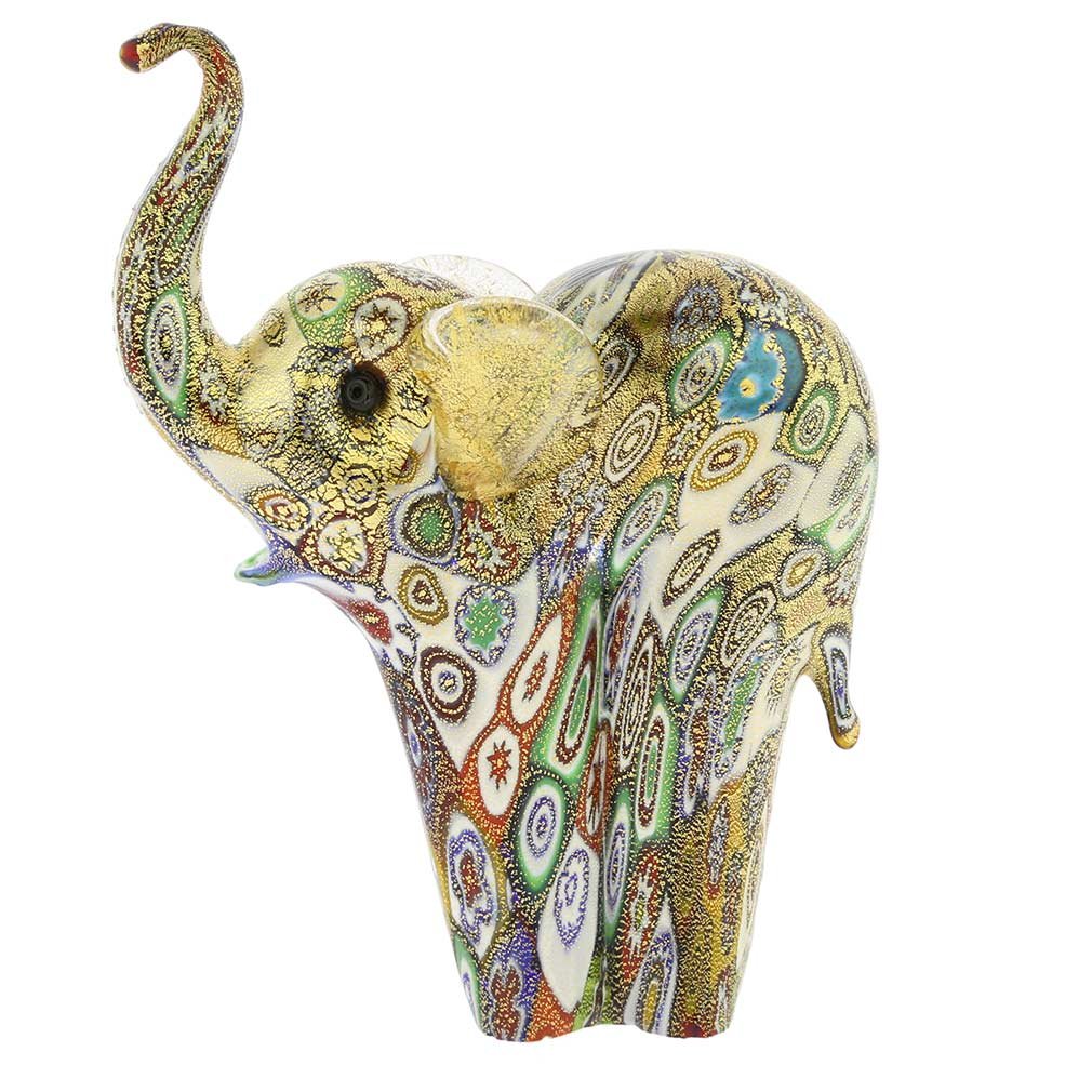 Glass Of Venice Murano Glass Elephant Collectible Millefiori Figurine Statue 4-1/2” Multicolor. Handmade In Italy Statue Blown Glass with 24K Gold Elephant Animal Sculpture Home Decoration