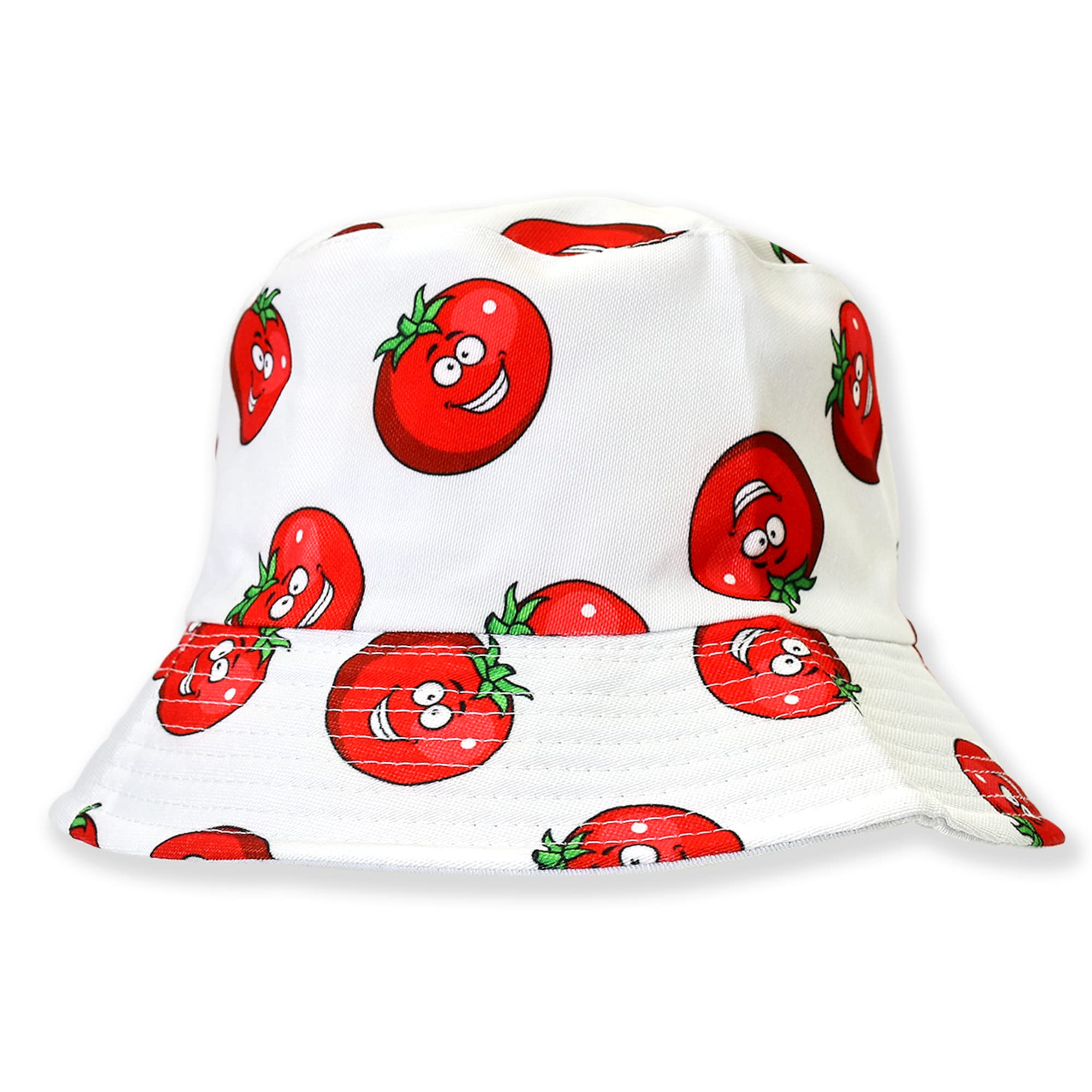 Robelli Unisex Reversible Summer Bucket Hat - Fun Festival Colourful Designs (BH24 WHITE/RED TOMATO CARTOON) — image 1