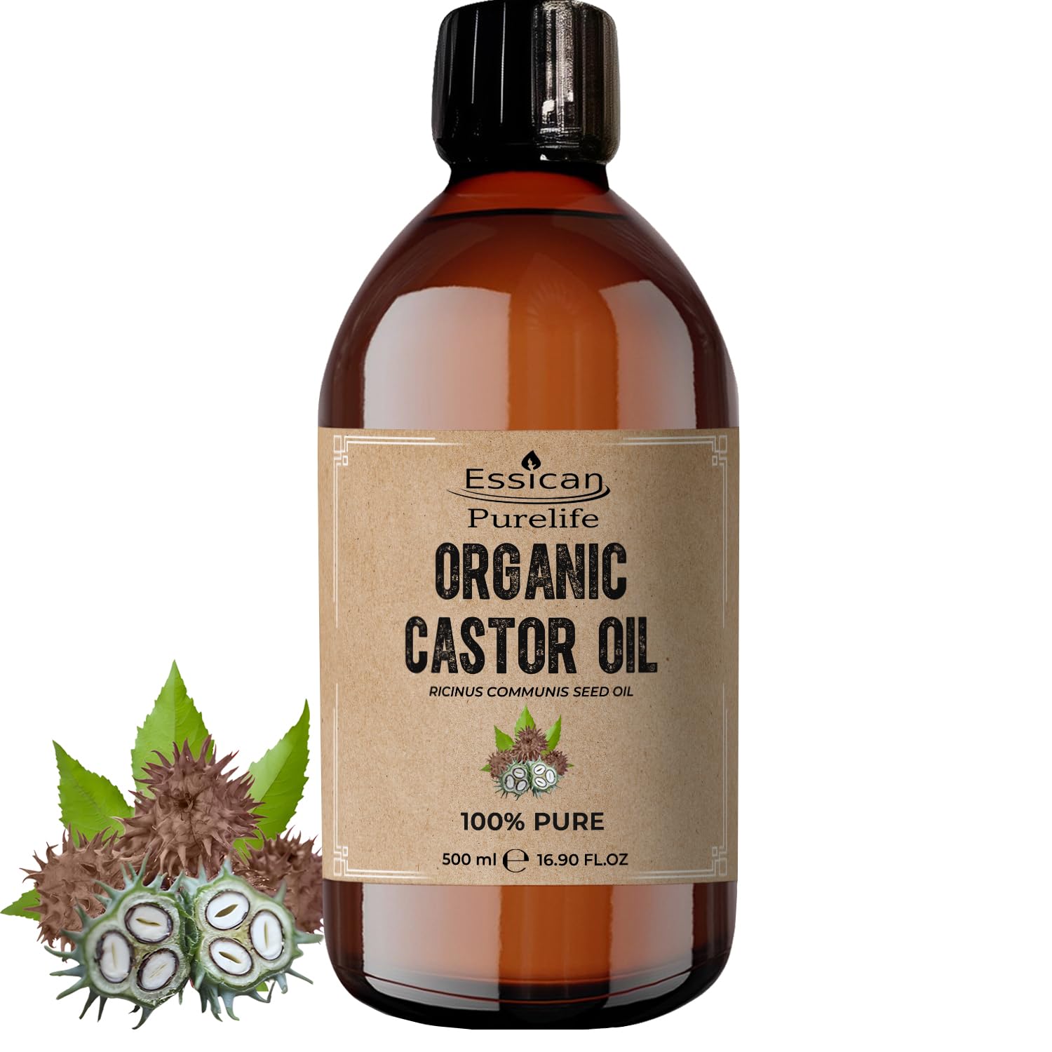 Essican Purelife Organic Cold Pressed Castor Oil for Hair Growth 500ml, Pure Organic Castor Oil for Eyelashes, Skin Moisturiser, Eyebrow Oils Enhancement - Ideal for Body, Nails & Beard Cruelty-Free