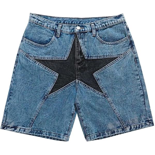 Vamtac Mens Patchwork Denim Shorts Straight Leg Star Jeans