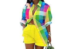 Mandonce 2 Piece Outfits for Women Long Sleeve Printed Shirt and Elastic Lace-Up Shorts with Pockets Beach Vacation Clothes