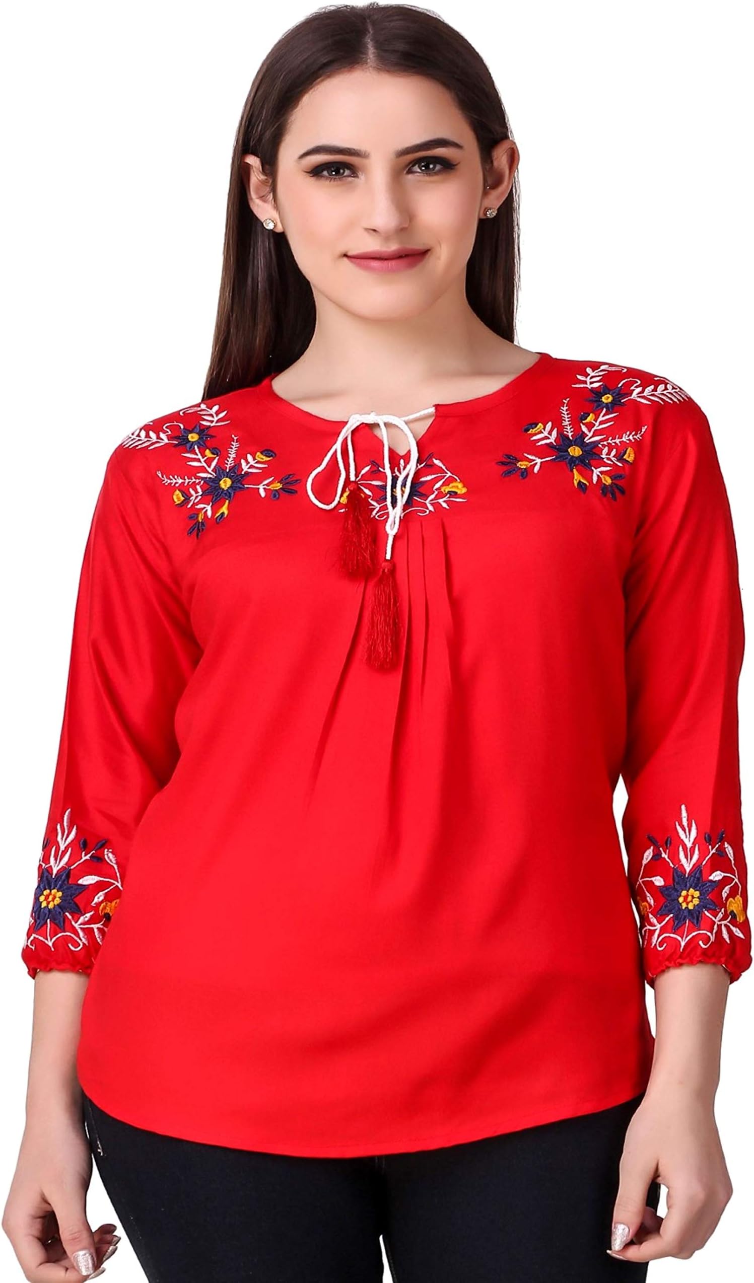 Women's Embroidered Casual Western Regular fit 3/4th Sleeve Top