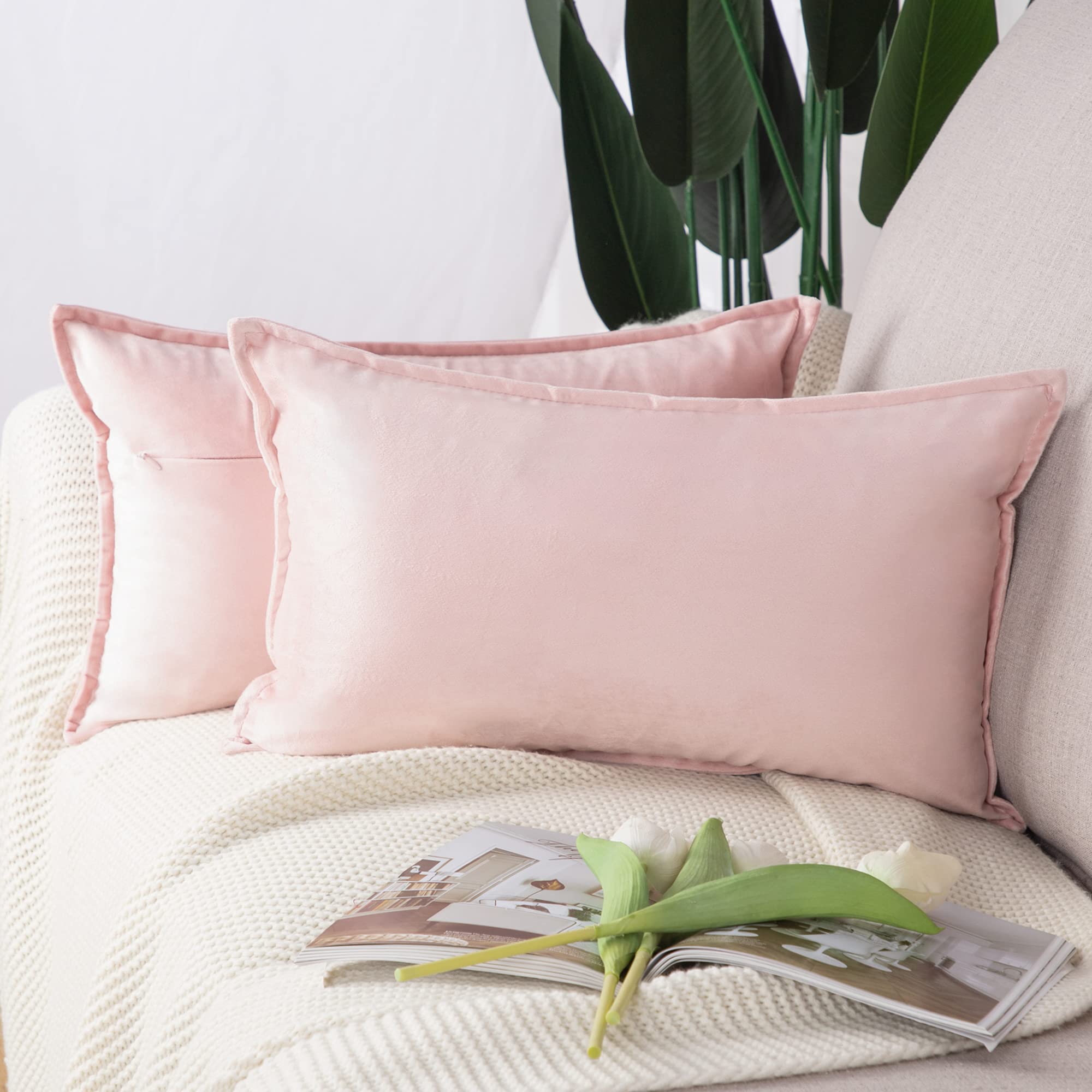 Madizz Pack of 2 Super Soft Velvet Decorative Cushion Covers with Fringe Luxury Style Cushion Case Pillow Shell for Sofa Bedroom Light Pink 12x20 inch, 30x50 cm Rectangular