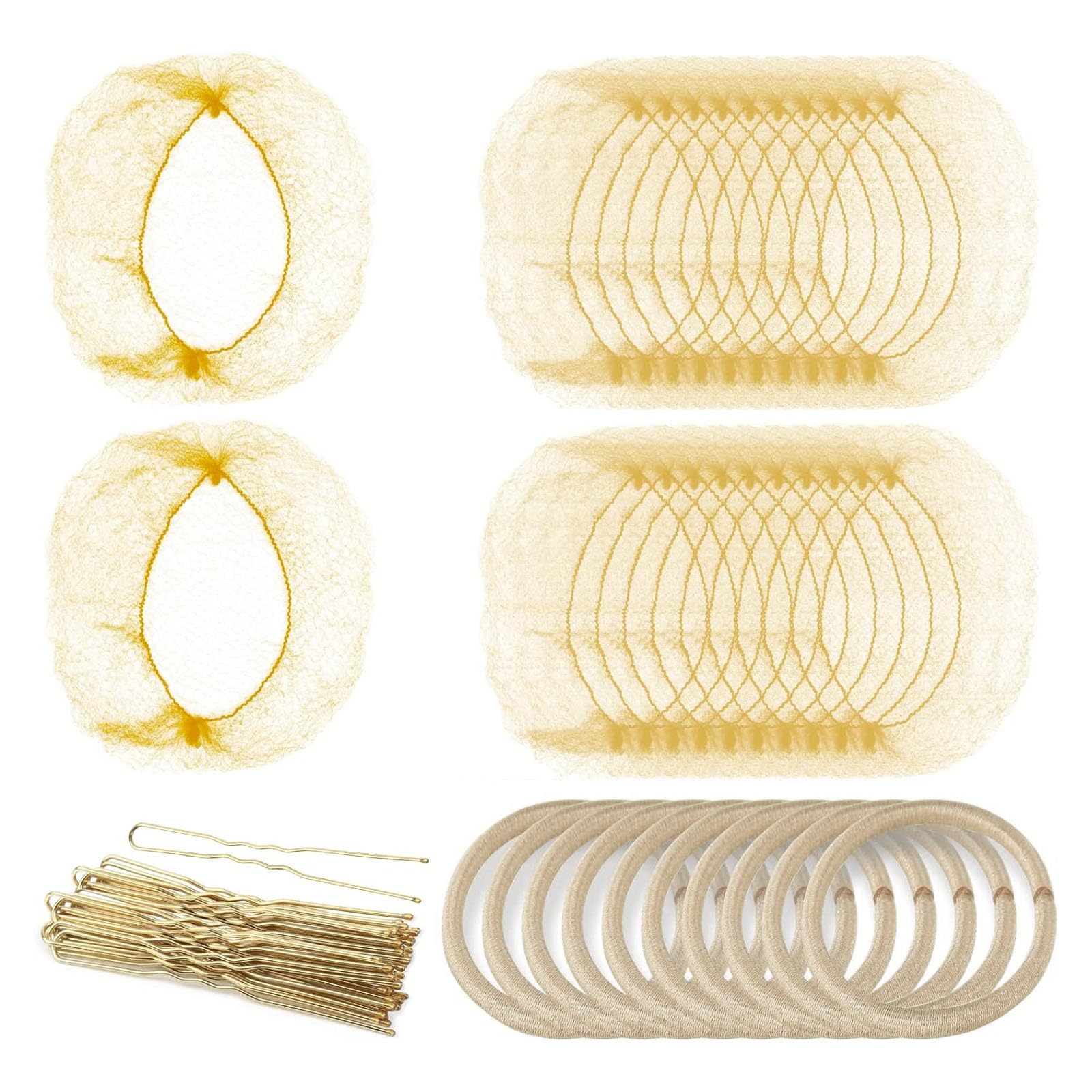 AWAVM 40pcs Hair Pins with 20pcs Invisible Hair Nets &10pcs Hair Bands,Elastic Edge Mesh Hair Nets for Bun in Individual Package,U Shape Bobby Pins for Ballet Dancers Nurse Women