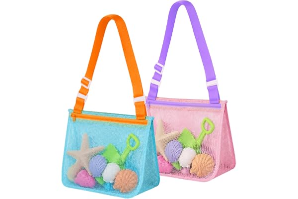 Shell Bags for Beach, Seashell Collecting Bag with Adjustable Shoulder Straps and Zippers, 2 Pcs Mesh Beach Bags for Shells, Swimming Accessories for Boys and Girls