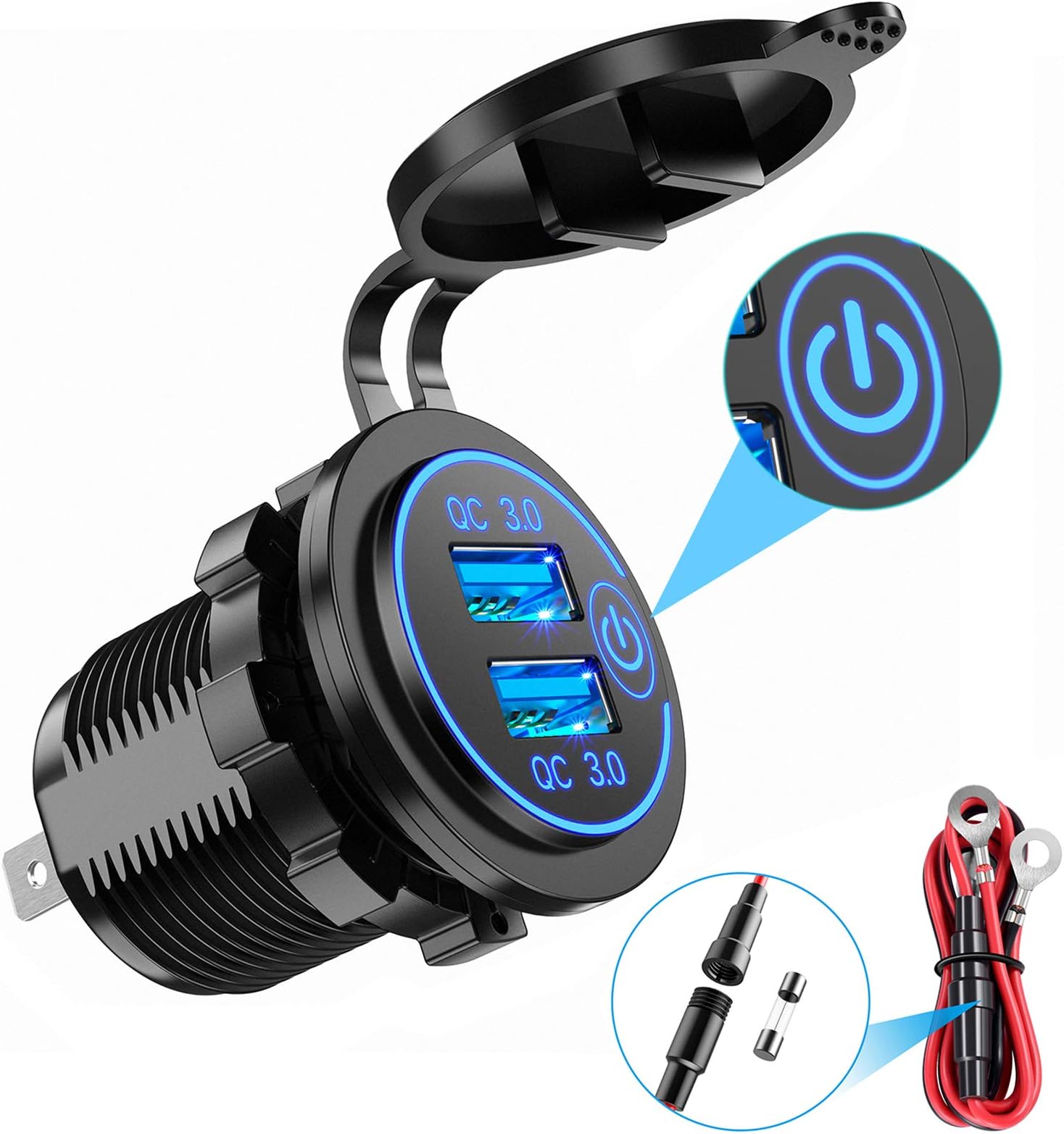 YONHAN Quick Charge 3.0 Dual USB Charger Socket, Waterproof 12V/24V USB Outlet QC 3.0 Dual Charger Socket with Touch Switch DIY Kit for Car, Golf Cart, Boat, RV, Motorcycle, Truck and More