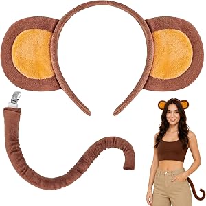 HTangparty Monkey Costume Accessory Set, Plush Monkey Ears Headband and Bendable Tail, Halloween Animal Cosplay Theme Party A