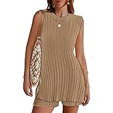Tankaneo Womens 2 Piece Summer Outfits Knit Sweater Sets Sleeveless Ribbed Tunic Tops and Shorts Vacation Beach Lounge Set
