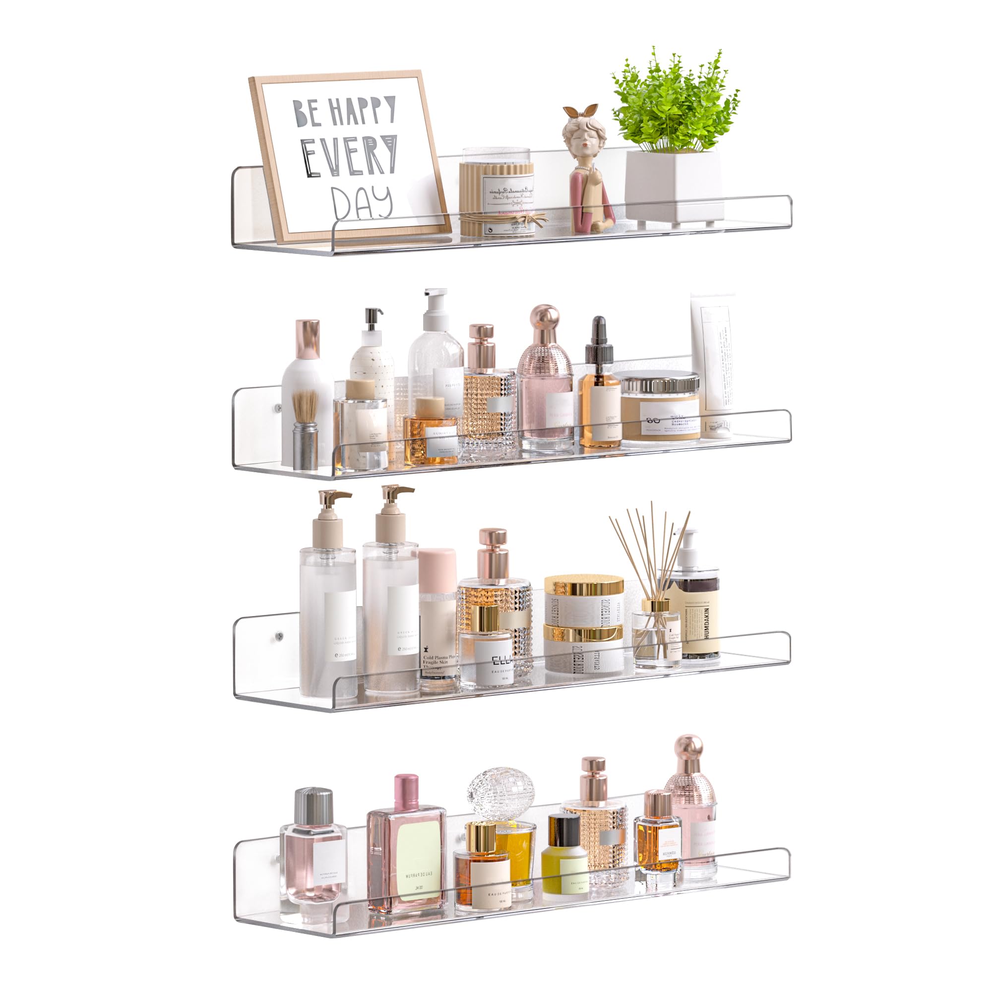 Photo 1 of upsimples Acrylic Shelves for Bathroom Storage, 15" Floating Shelves Wall Organizer for Perfume, Make up, Skincare, Kids Bookshelf for Bedroom, Nursery, Living Room Decor, Clear, 4 Pack