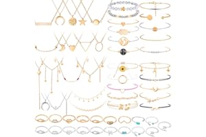 Batiyeer 60 Pcs Surfer Wave Strand, Summer Layered Choker Pendant Necklace Adjustable Multilayer Chain Necklaces Adjustable Bracelet Handmade Sunflower Rope Anklets Knuckle Rings (Elegant)