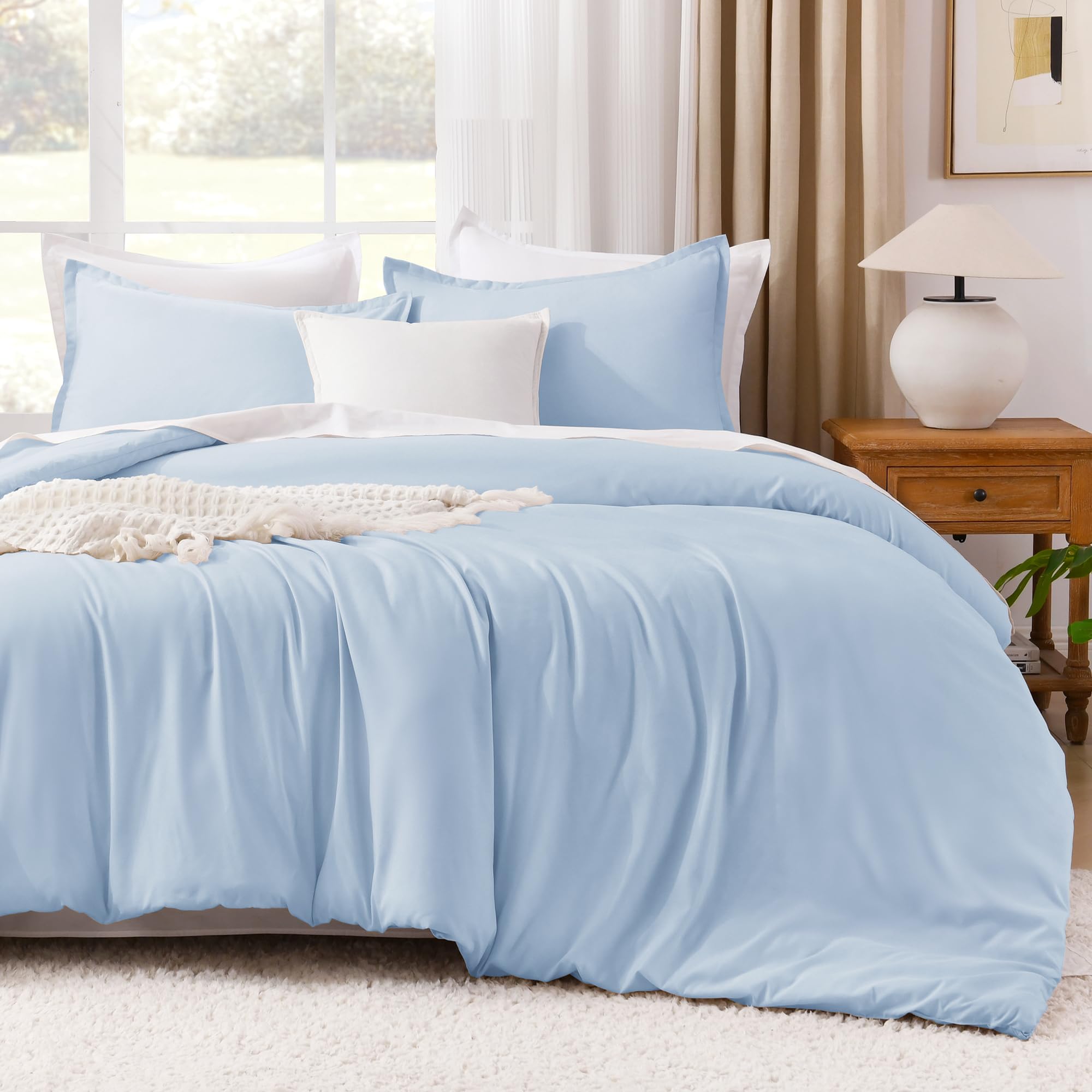 Photo 1 of **SIMILAR ITEMS**Litanika Comforters Light Blue Full Size, 3 Pieces Lightweight Solid Bedding Comforter Set, All Season Fluffy Bed Set (79x90In Comforter & 2 Pillowcases)