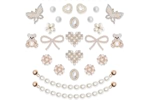 WAQYGZO 24 Pcs Shoe Charms Chain Accessories for Women Pearl Flower Clog Shoe Decoration Charms Rhinestone Shoes Charms Bling
