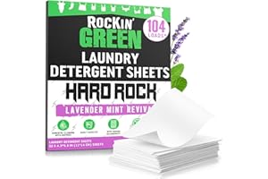 Rockin' Green Hard Rock Travel Laundry Detergent Sheets for Hard Water - Mess-Free Laundry Sheet Detergent with Sodium Bicarbonate - Easily Dissolvable Laundry Soap Sheets (104 Loads, Lavender Mint)