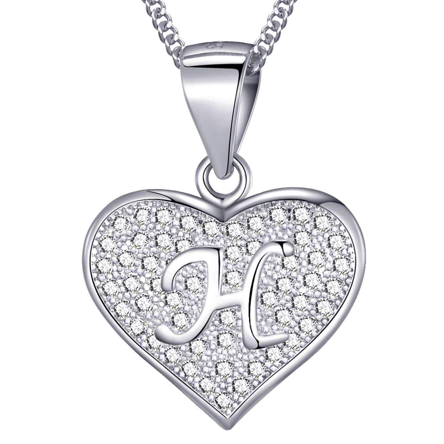 MASADA 925 Sterling Silver Heart Letter Necklace - Initial Pendant with Zircon Stones - Letter H - Personalised Alphabet, Teens & Girls - 46 cm - 18 inch Chain in Velvet Bag