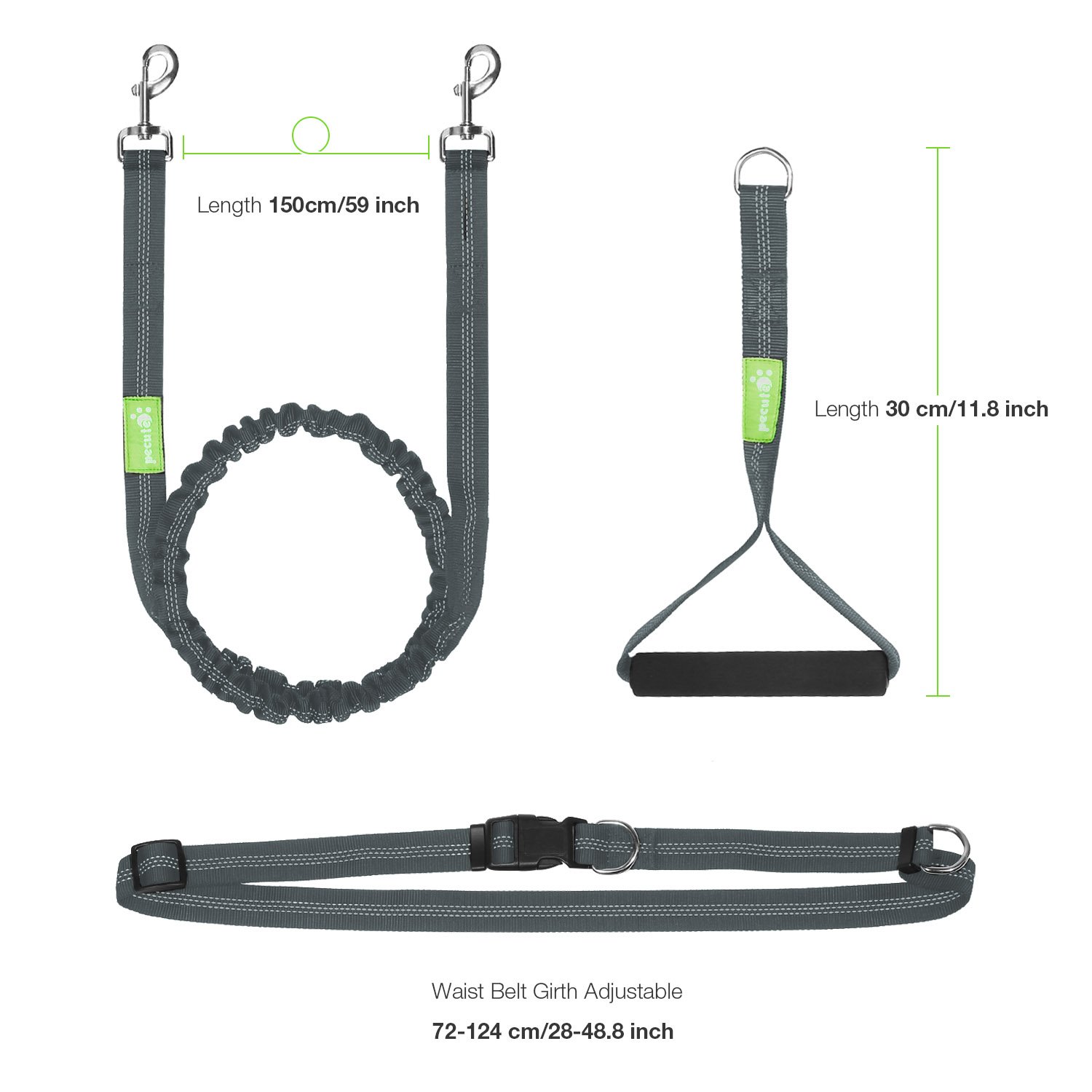 Pecute Hands Free Dog Leash with Extra Foam Handle - Extendable Bungee with Reflective Stitching - Waist Belt Adjustable Fits up to 48” Waist - For Jogging, Running, Hiking (Grey and Green)