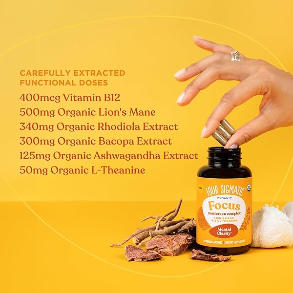 FOUR SIGMATIC FOCUS CAPSULES | LION’S MANE SUPPLEMENT CAPSULES | BRAIN BOOSTING COMPLEX WITH ASHWAGANDHA, BACOPA MONNIERI & RHODIOLA | VEGAN NOOTROPIC ADAPTOGEN & MUSHROOM SUPPLEMENT | 30 SERVINGS