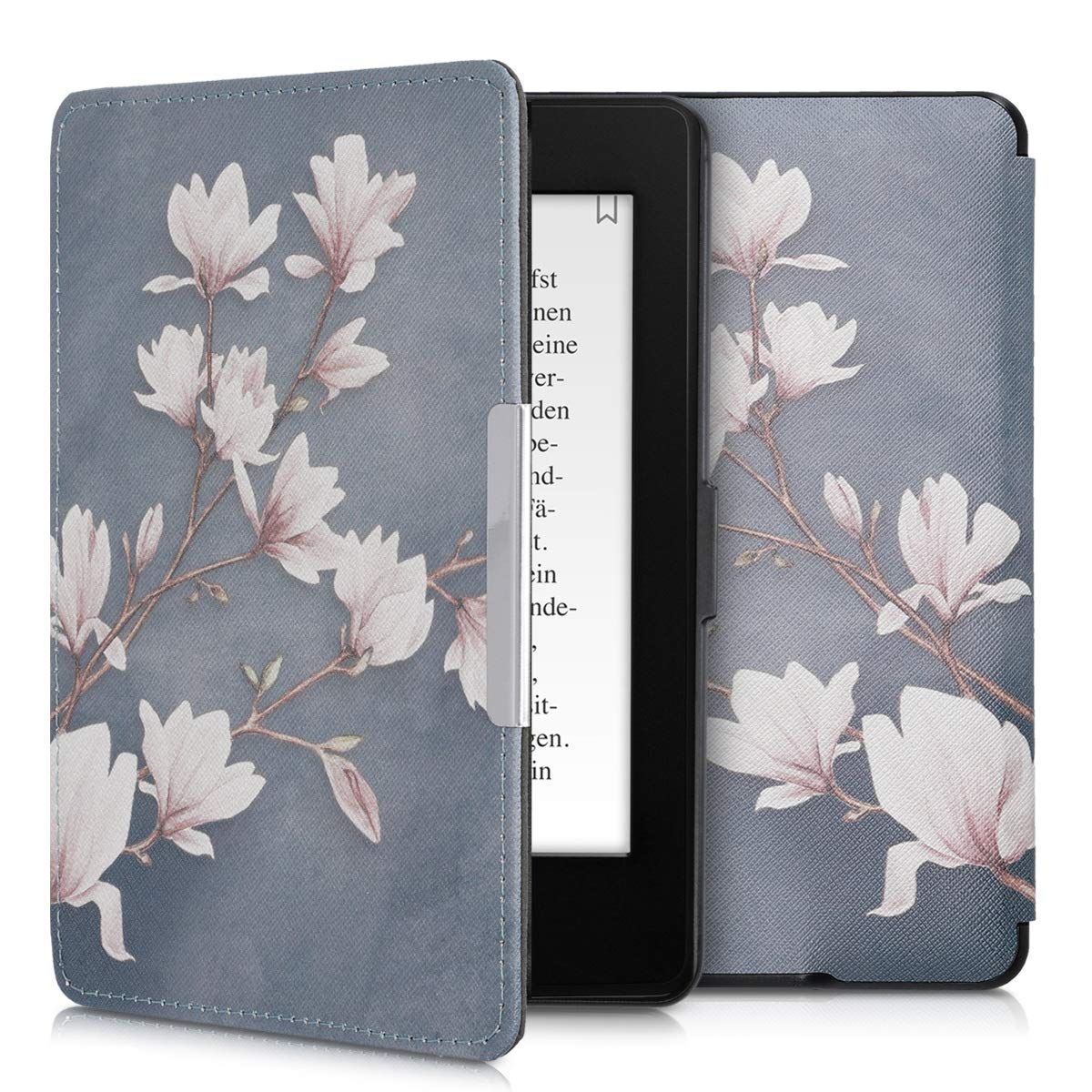 kwmobile Cover for Amazon Kindle Paperwhite Case - eReader Cover with auto sleep funktion - Magnolias with Taupe/White/Blue Grey