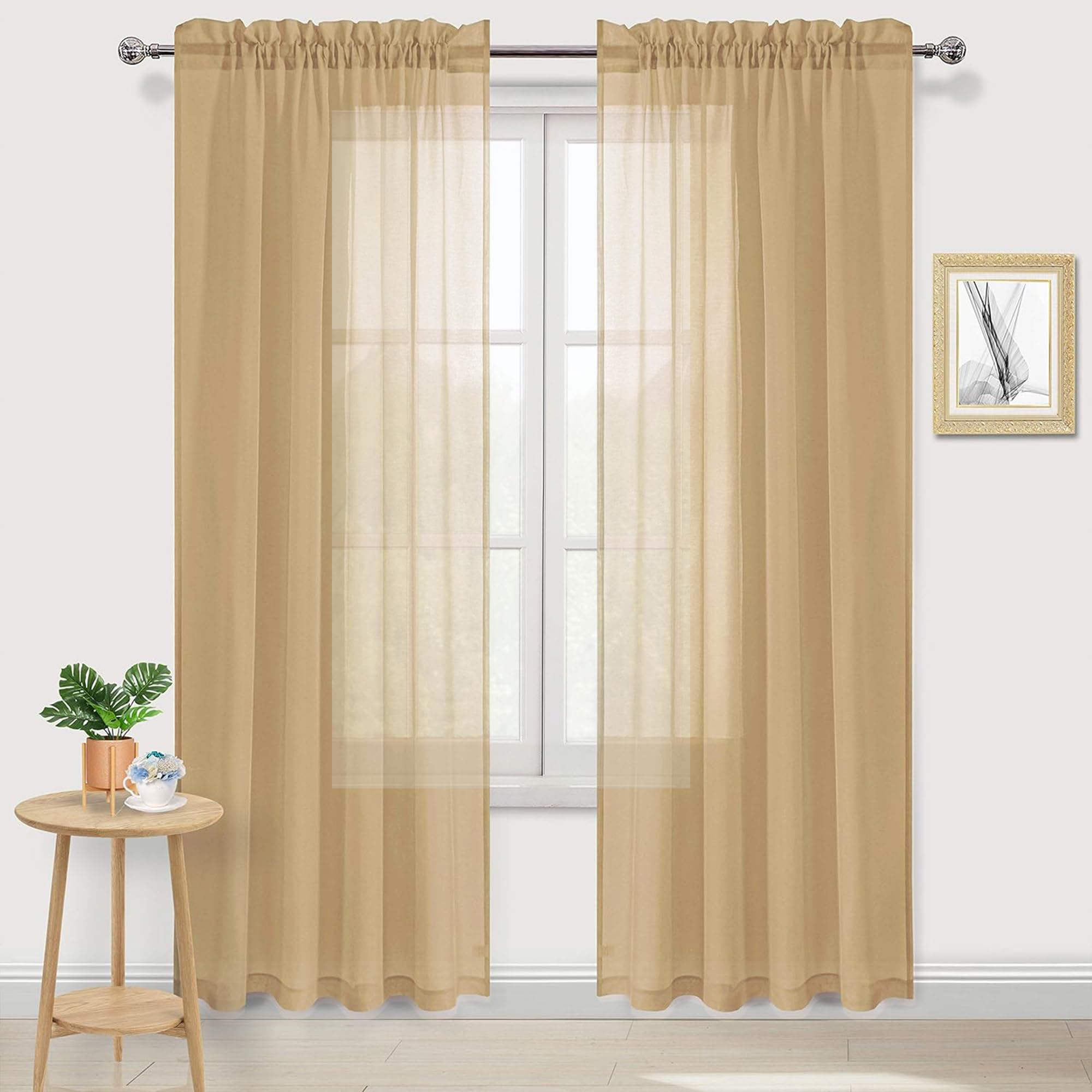 DWCN Taupe Sheer Curtains Semi Transparent Voile Rod Pocket Curtains for Bedroom and Living Room, 52 x 84 inches Long, Set of 2 Panels