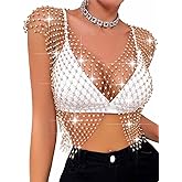 Nicute Women Sexy Mesh Rhinestone Top Sheer See Through Crop Top Sparkly White Crystal Bikini Cover Up Nightclub Cropped Tops
