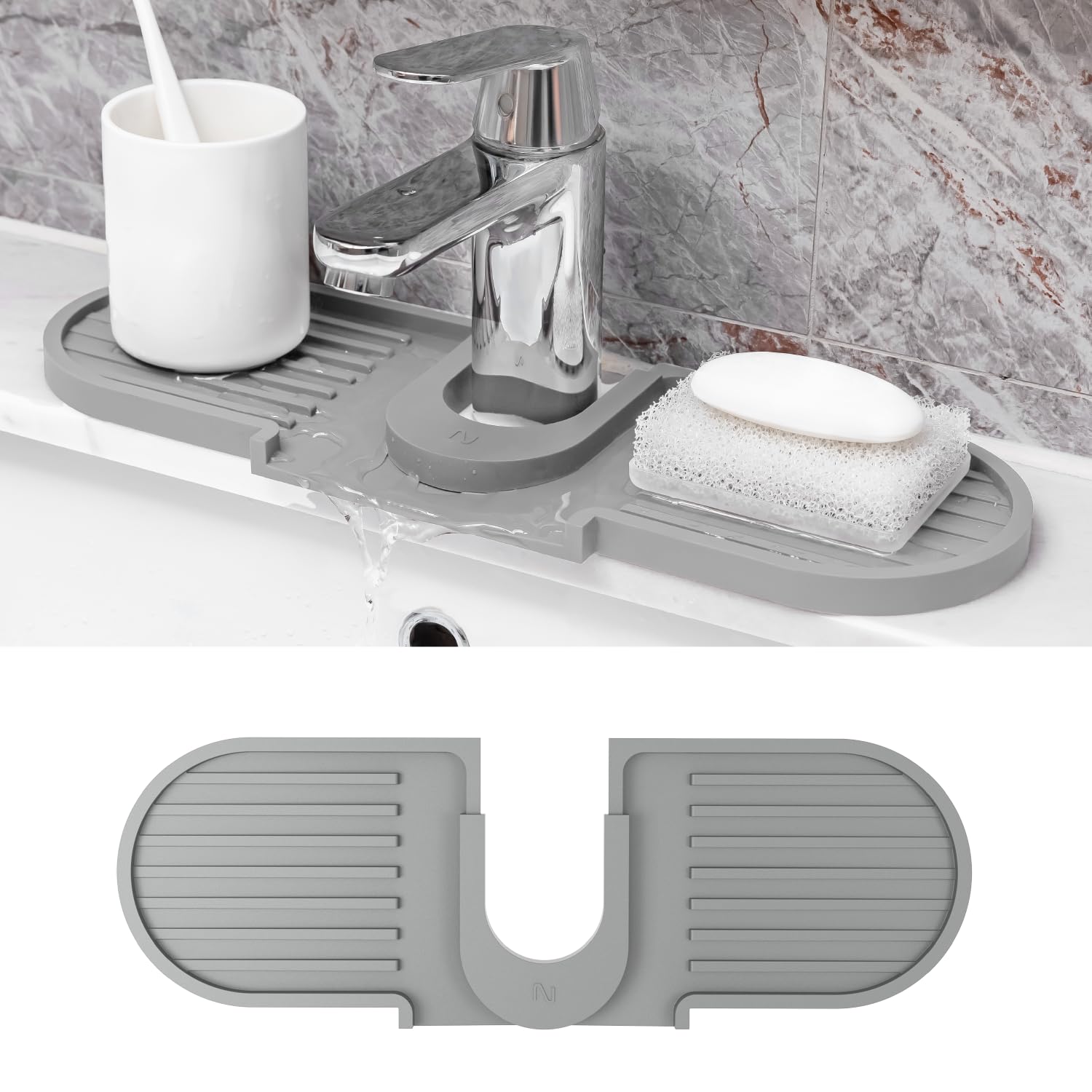 Photo 1 of NEWITEE 16 Inch Faucet Mat for Kitchen Sink Mat, Silicone Sink Splash Guard, 2 Spouts Fast Draining Mat & Drying Mat, Faucet Guard Draining Mat, Fits Most Kitchen Sink Countertop Without Cutting Gray