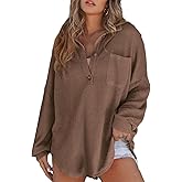 HVEPUO Womens Oversized Waffle Knit Henley Shirts Casual Long Sleeve Button Down V Neck Solid Color Tunic Tops Fall Blouses