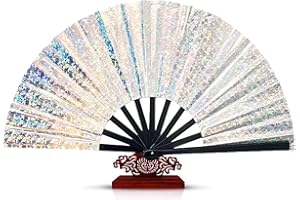 GROMBOLAR Upgraded Hand Fan for Women Foldable, Line Dance Popping Fan,13 in Large Hand Clack Fans for Dance,Boots on The Ground Fan (Laser Style, Super Flash Silver)