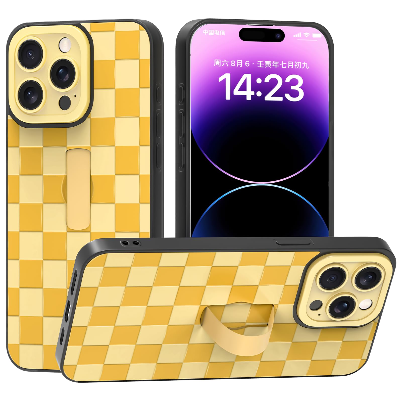 Yeddabox for iPhone 14 Pro Max Case with Finger Strap Kickstand, Checkered Phone Case Full Camera Protection Shockproof Soft TPU and Hard PC Back Cover for Women Men, Yellow