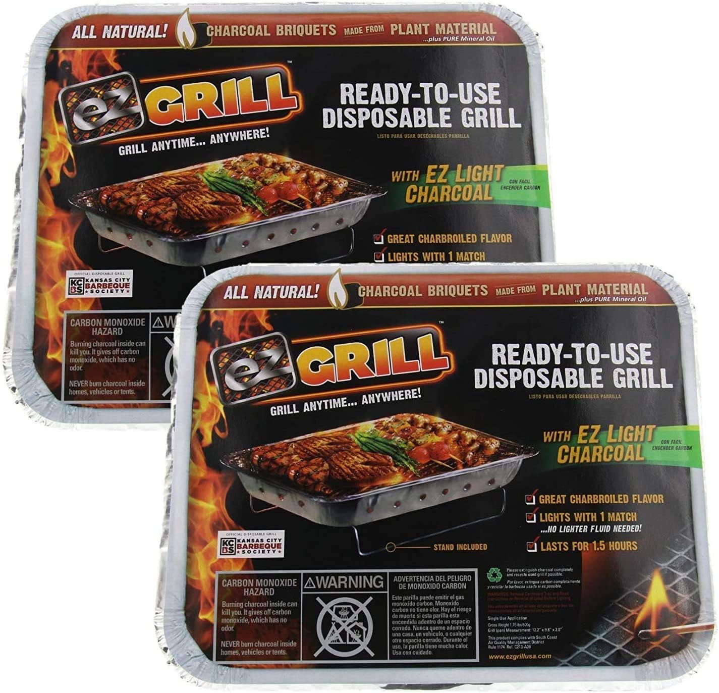 New Improved Disposable Grill by EZ Grill, Small Size-Charcoal BBQ Grill, Ideal for Camping and Tailgate Parties - Portable, Easy to Light, Convenient-Grill Anytime, Anywhere, Lasts 1.5 Hours, 2 Pack