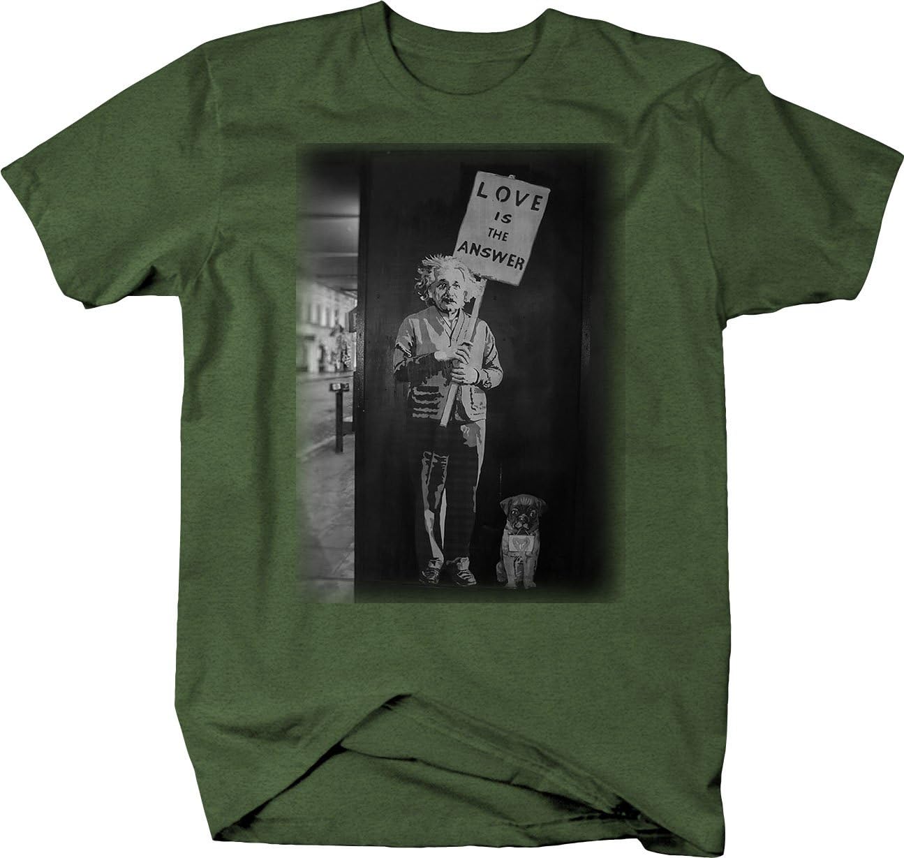 Retro Albert Einstein Love is The Answer Pug Graffiti Art T Shirt for Men Black