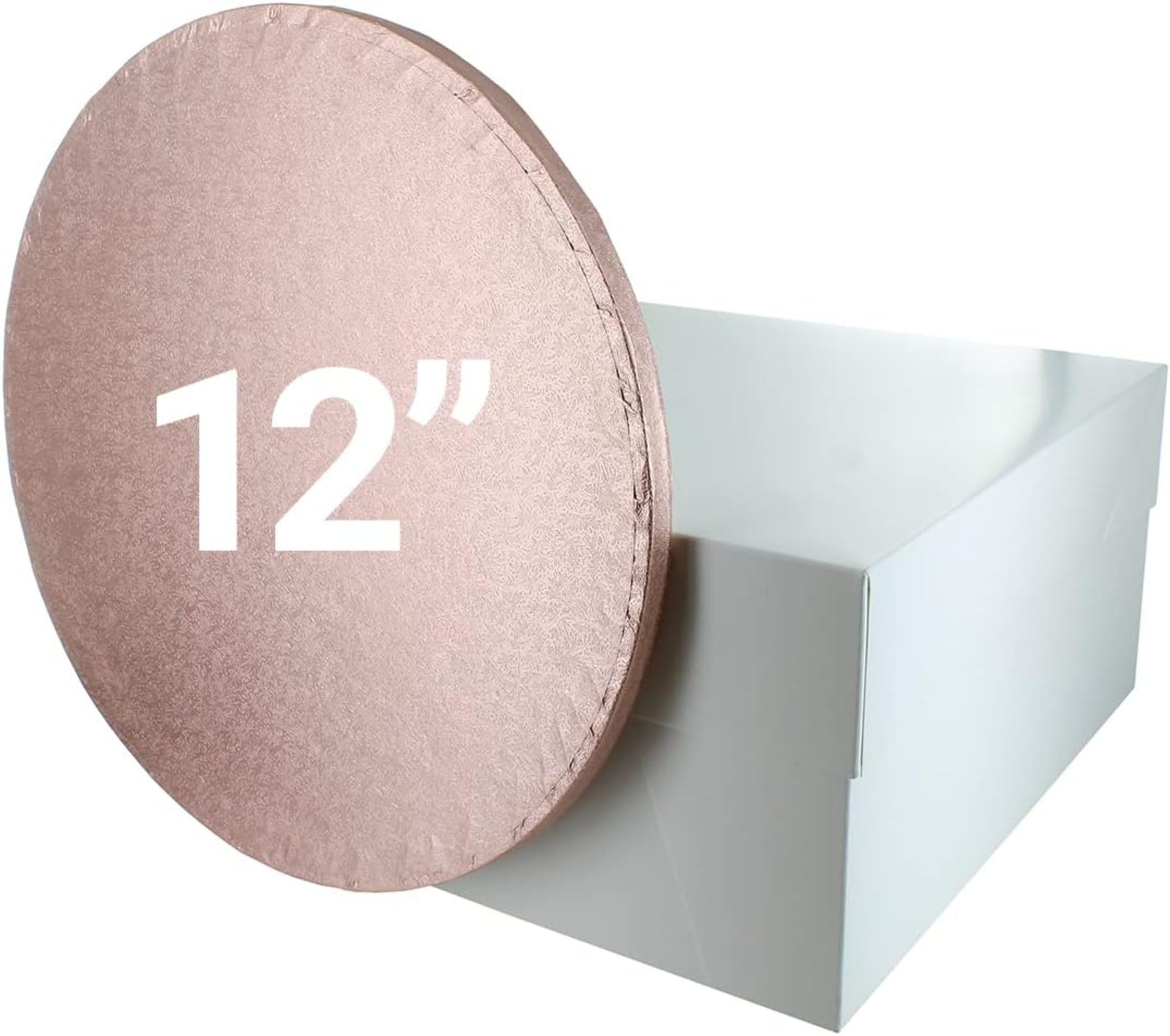 Culpitt 12" Rose Gold Cake Board & White Cake Box Combo, Round Drum With Matching Box, 0.5'' (13mm) Thick, Square Transport, 12 Inch, Single Pack