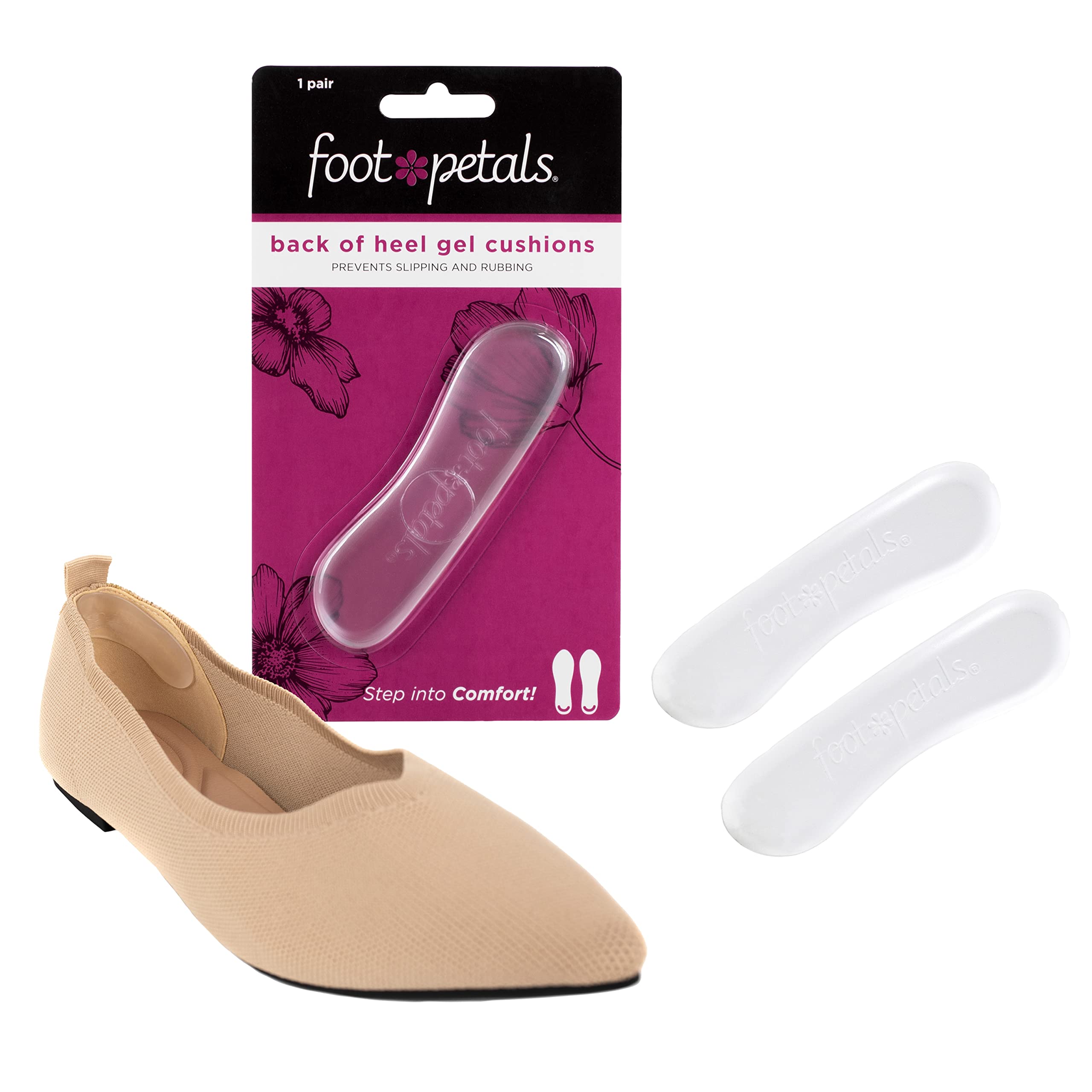 Foot Petals Women's Back Cushion Inserts, Protectors, Comfortable Heel Grip for Pain Relief and Sizing, Clear Gel, 1 Pair (Pack of 1)