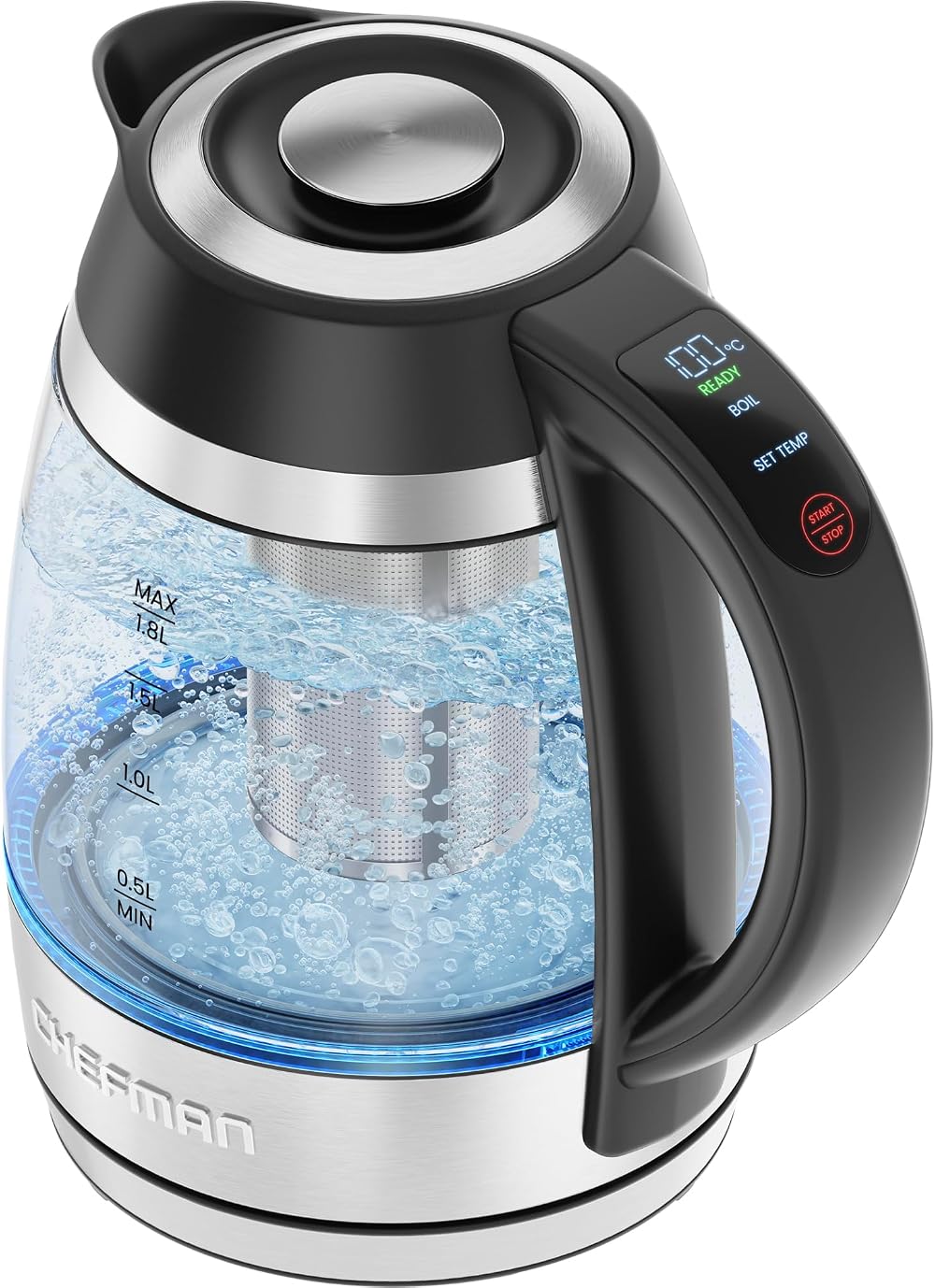 Chefman Electric Kettle 1.8L 1500W Glass Temp Control Rapid Boil