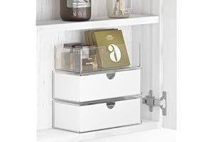 EAROND Medicine Cabinet Organizer 3-Tier,Divided & Stackable Storage Trays with 2 Drawers for Bathroom Mirror Cabinet, Wall Cabinet, Vanity, Countertop - White