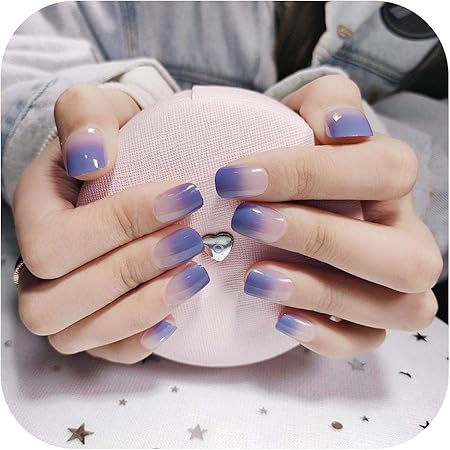Amazon サマーネイルステッカー24ピース女の子夏休みグラデーションブルーフェイクネイル甘いショートスクエアネイル アートのヒントで接着剤女性スムーズフェイクネイルプレスオン Styles 1 Star Harbor Shapers ビューティー 通販