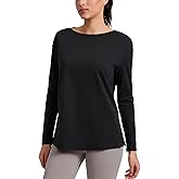 CRZ YOGA Cotton-Blend Long Sleeve Shirts for Women - Boat Neck Workout Athletic Casual Going Out Tops Soft Fall T-Shirt