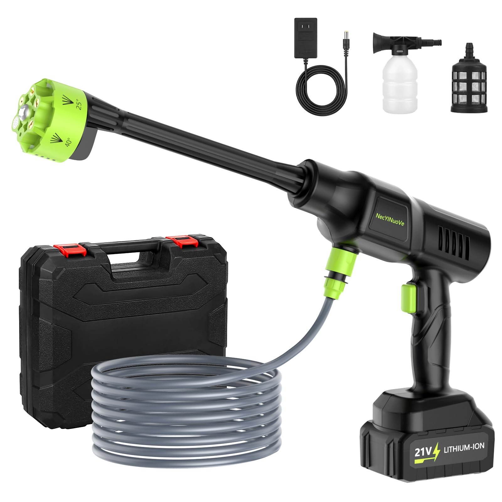 Photo 1 of Cordless Pressure Washer 260W,Portable Electric Power Washer with 6-in-1 Nozzle,45Bar High-Pressure Handheld Washer for Car Floor Yard Patio Garden Fence,10×1200mAh Battery,17FT Hose