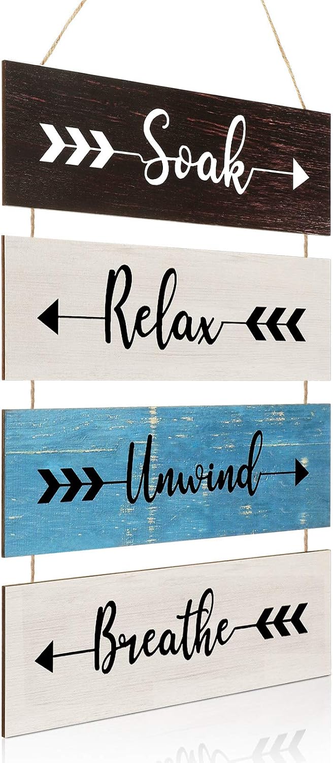 Jetec Rustic Wooden Soak Relax Unwind Breathe Sign, Funny Farmhouse Bathroom Arrow Sign Wall Decor, Large Rustic Bathroom Hanging Wall Sign for Home Laundry Room Bathroom