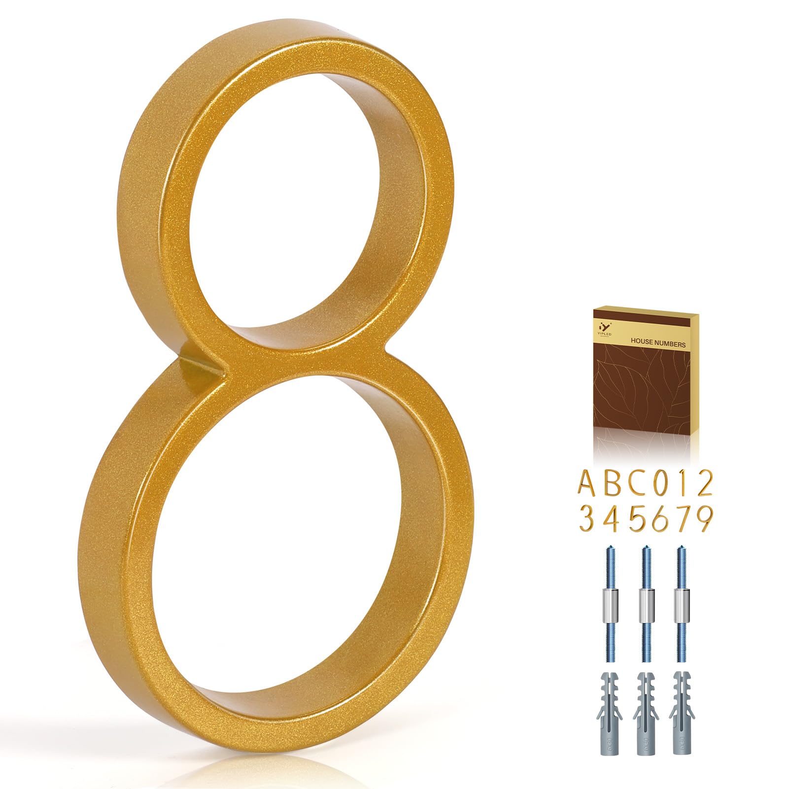 Photo 1 of YIPLED 5 Inch House Numbers for Outside, Metal Address Number 8 - Modern Design, Weather-Resistant Gold Powder Coated Finish, No Fading (Gold)
