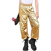 Haloumoning Girls Metallic Cargo Jogger Pants Kids Sparkly Hip Hop Dance Outfits High Waist Pants 5-14 Years