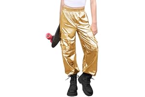 Haloumoning Girls Metallic Cargo Jogger Pants Kids Sparkly Hip Hop Dance Outfits High Waist Pants 5-14 Years