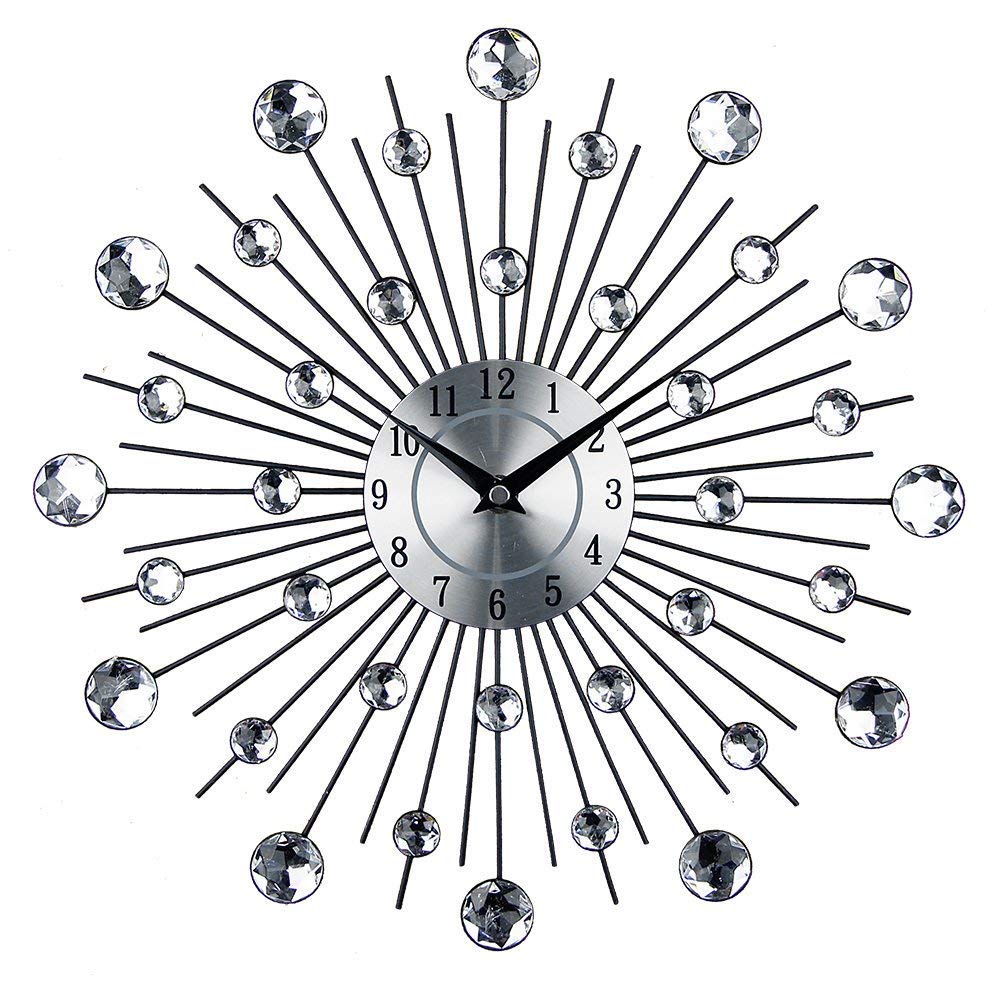 Timelike Diamond-Studded 3D Crystal Art Dial Wall Clock - Modern Fashion Metal Needle Round Design Silver Diamond Clock Décor for Living Room Bedroom
