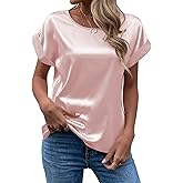 Chigant Women's Short Sleeve Satin Blouses Casual Loose Crewneck Silk Shirts Roll Up Sleeve Tunic Tops S-XXL