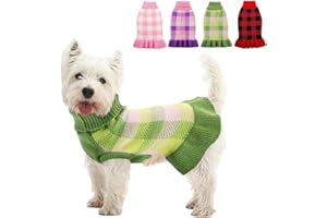 KAMA BRIDAL Dog Sweater Dress Plaid Knitwear for Small Medium Dogs Warm Puppy Pet Turtleneck Stretch Pullover Cute Fall Winter Vest Clothes with Leash Hole for Christmas (Green, S)