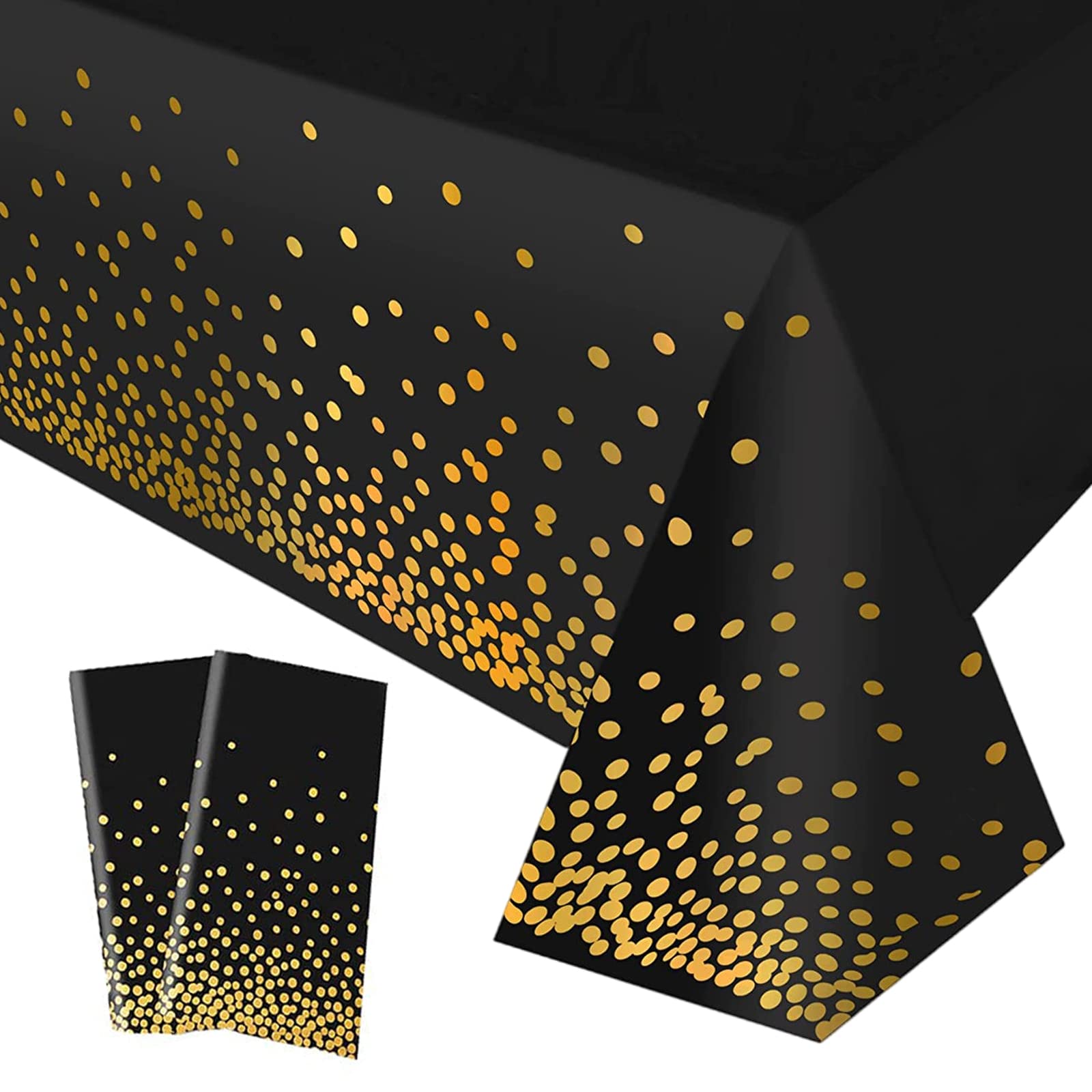 2Pcs 137*274cm Black and Gold Disposable TableCloth Table Covers,Party Dot Confetti Rectangular Tablecover Plastic Tablecloths for Picnic,Halloween,Wedding,Christmas,Birthday Parties Decorations