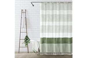 Awellife Boho Sage Green Shower Curtain for Bathroom Stripe Tassel Shower Curtain 72 X 72 Inches Farmhouse Cotton