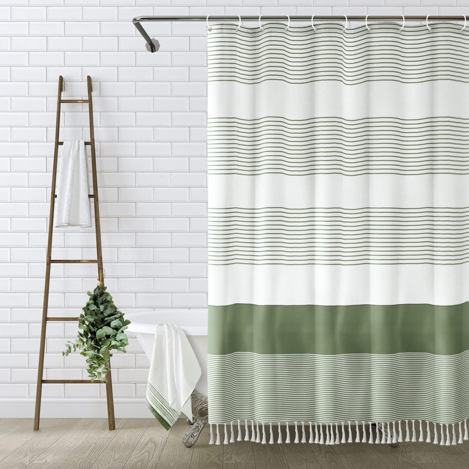 Photo 1 of Awellife Boho Sage Green Shower Curtain for Bathroom Stripe Tassel Shower Curtain 72 X 72 Inches Farmhouse Cotton
